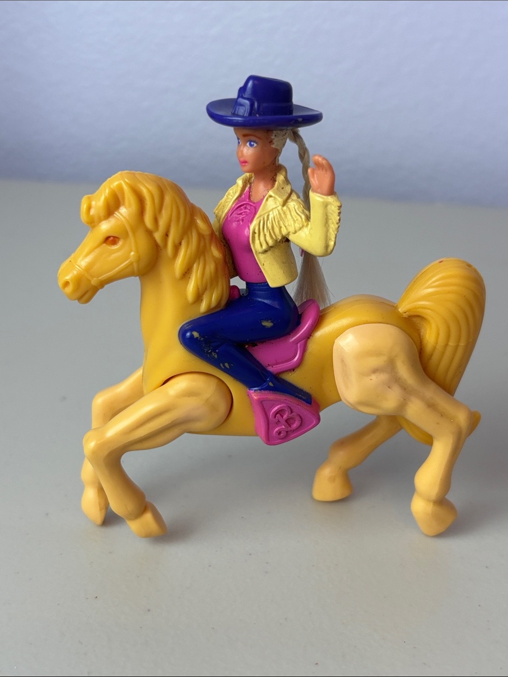 Barbie Yellow Pony with Pink Saddle and Purple Hat Rider